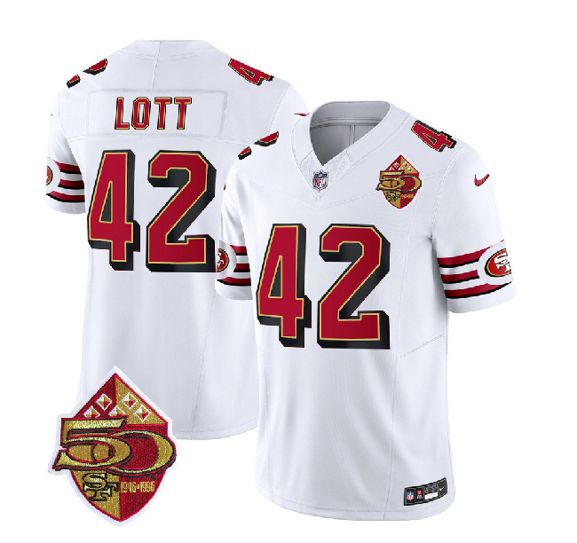 Men's San Francisco 49ers #42 Ronnie Lott White 2023 F.U.S.E. 50th Patch Throwback Football Stitched Jersey